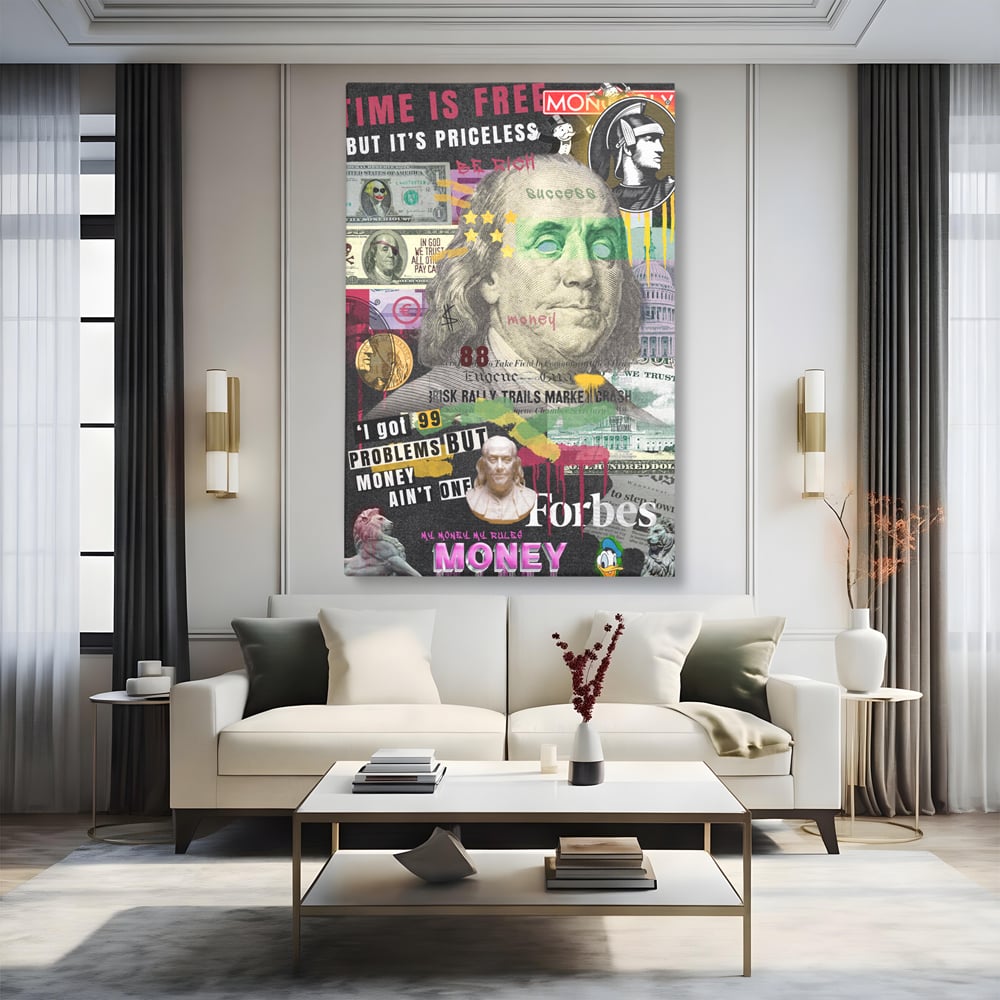 Tablou canvas cu tablou canvas cu portretul lui benjamin franklin, fara rama, pe sasiu de lemn, pe perete intr-un living